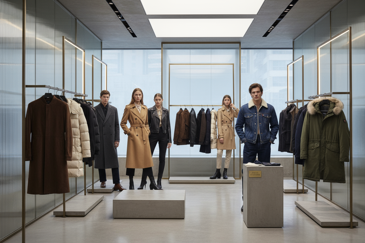 Men's Jackets Collection: Black Lambskin Leather Jacket, Down Puffy Jacket, and All Season Coat