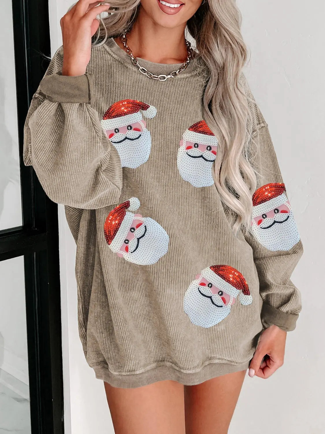 Sequin Santa Patch Ribbed Sweatshirt - Morsasale