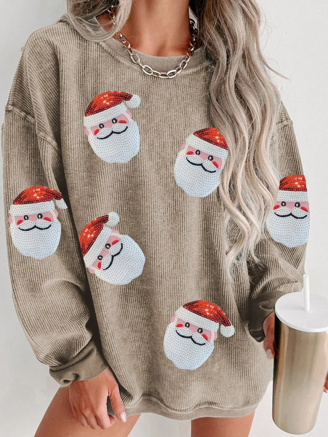 Sequin Santa Patch Ribbed Sweatshirt - Morsasale
