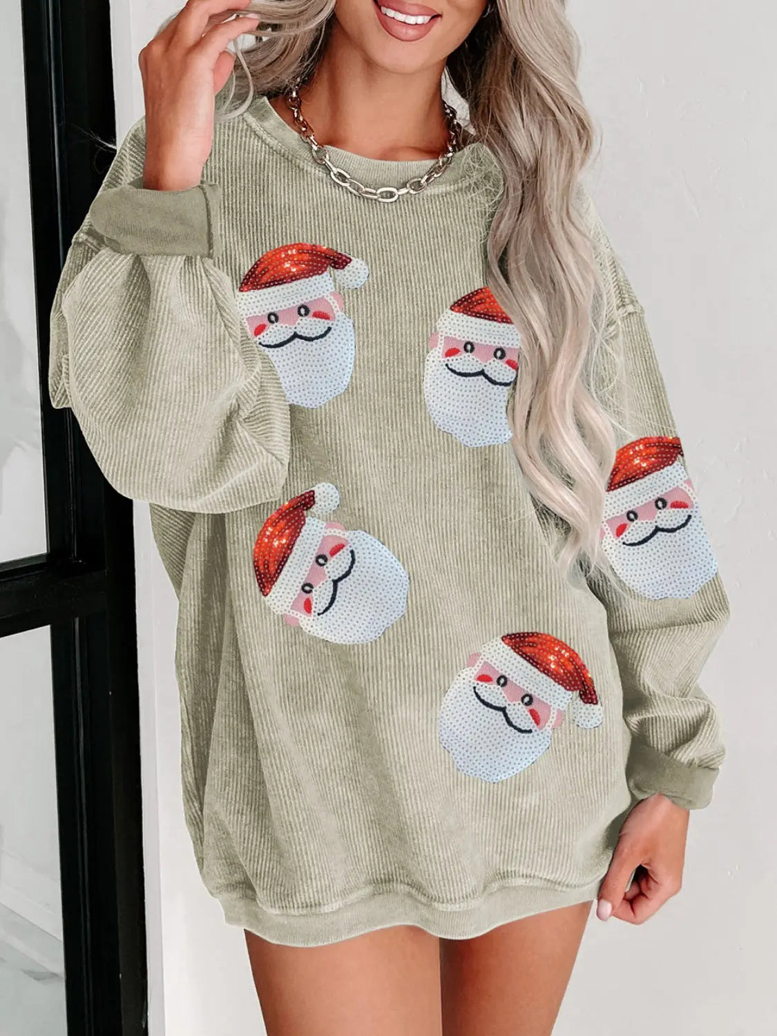 Sequin Santa Patch Ribbed Sweatshirt - Morsasale