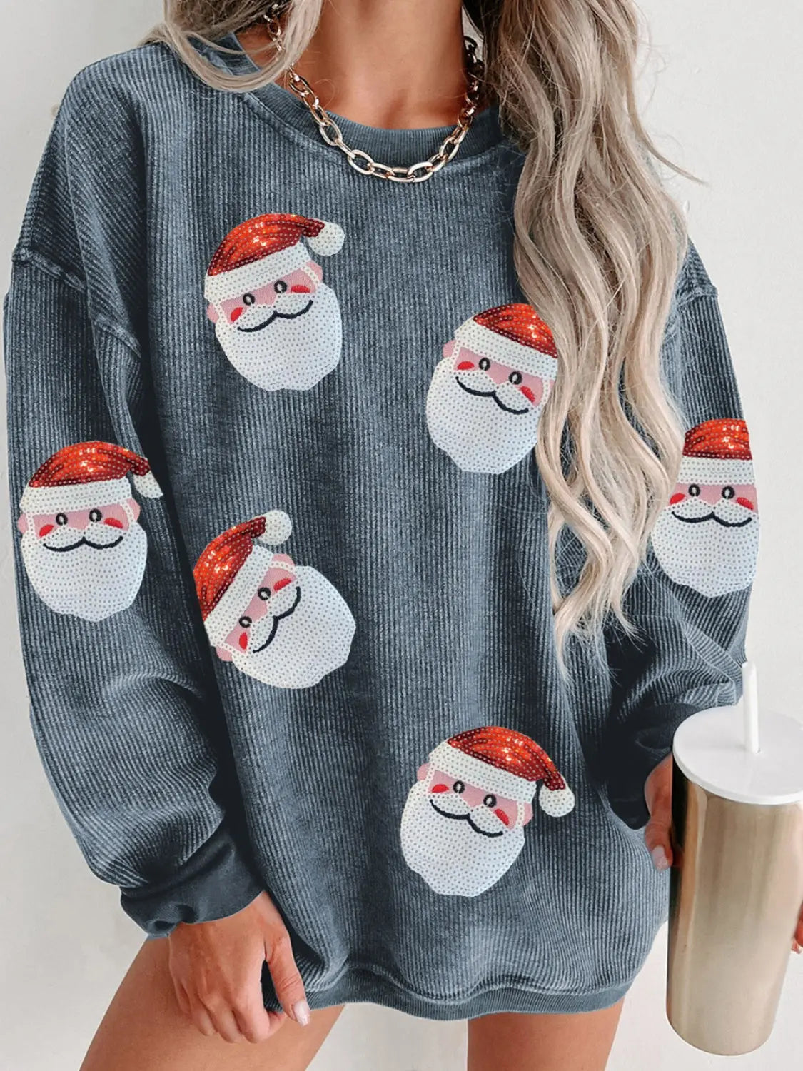 Sequin Santa Patch Ribbed Sweatshirt - Morsasale