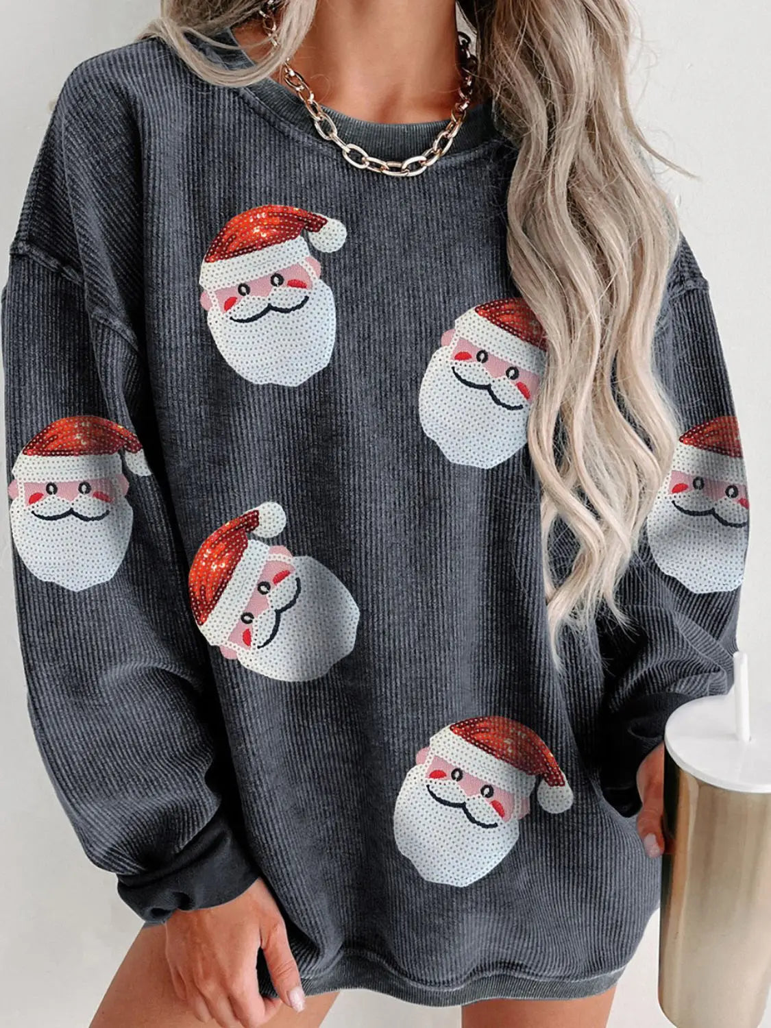 Sequin Santa Patch Ribbed Sweatshirt - Morsasale