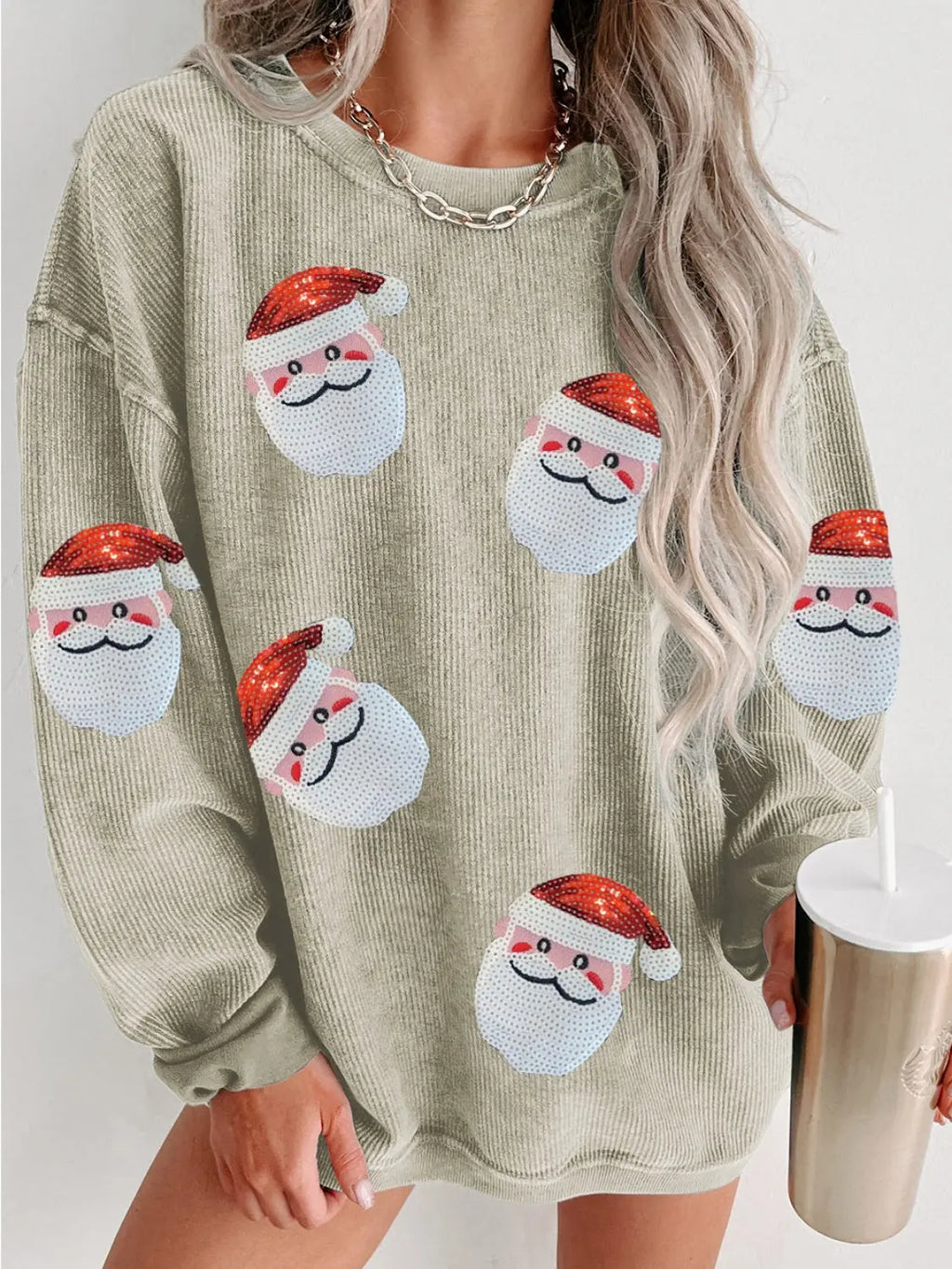 Sequin Santa Patch Ribbed Sweatshirt - Morsasale