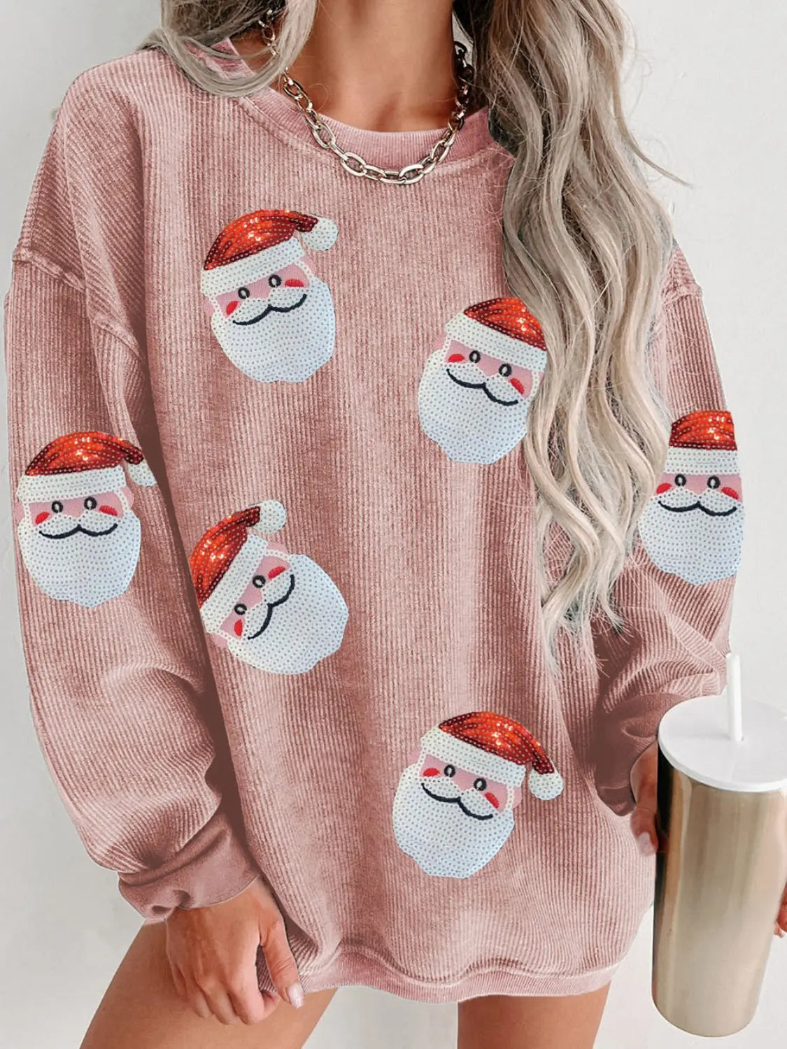 Sequin Santa Patch Ribbed Sweatshirt - Morsasale