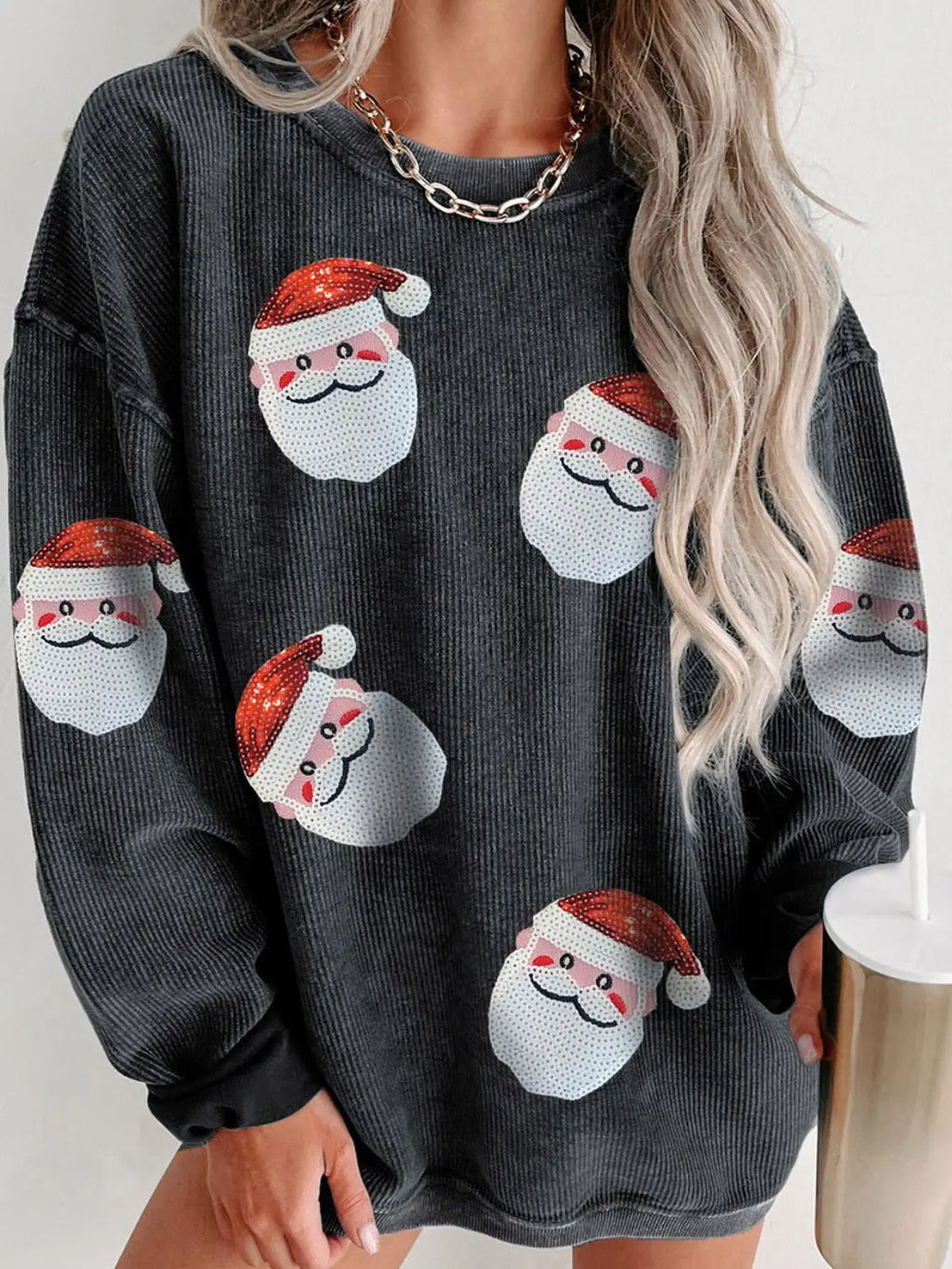 Sequin Santa Patch Ribbed Sweatshirt - Morsasale